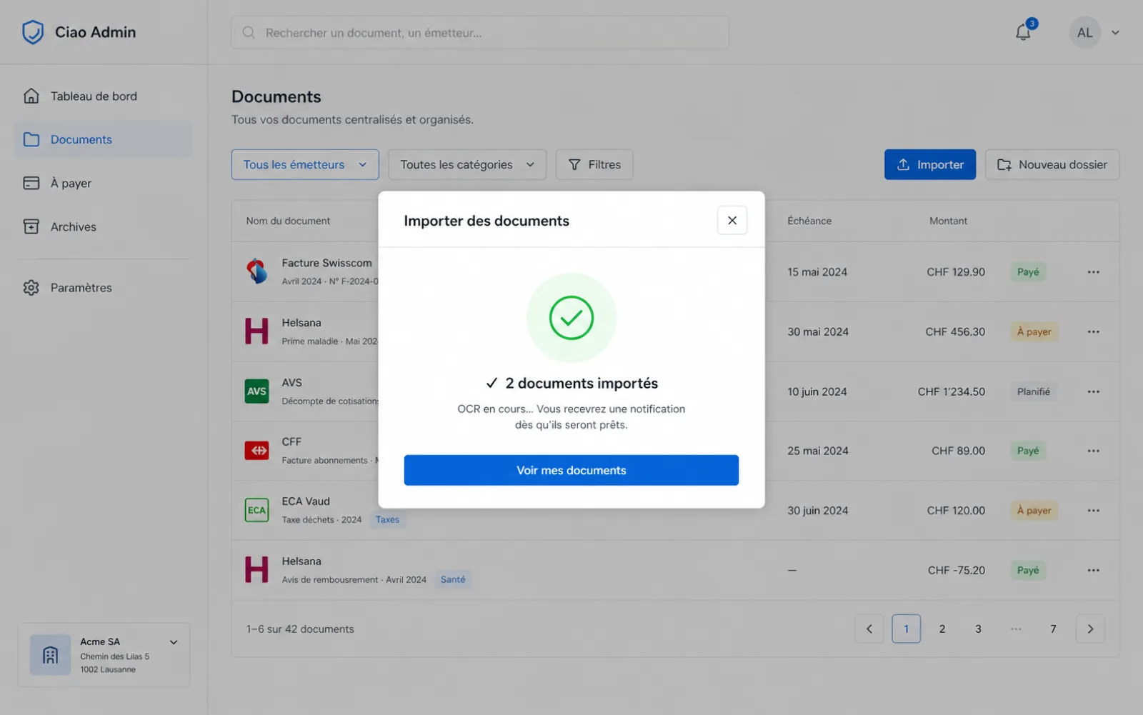 Demo: Scan eines Swisscom-Dokuments — automatische Erkennung von Absender, Betrag und Frist